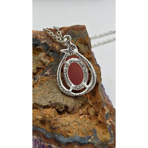 Bijoux By Meera Genuine Pink Chalcedony Stone Pendant w/ Silver Tone Rolo Chain - Picture 5 of 7